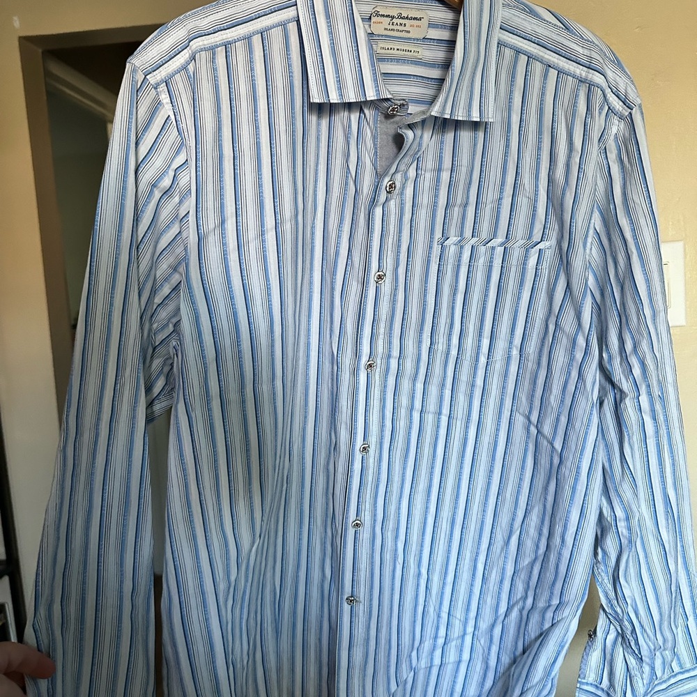 Tommy Bahama Blue and White Striped Men's Shirt